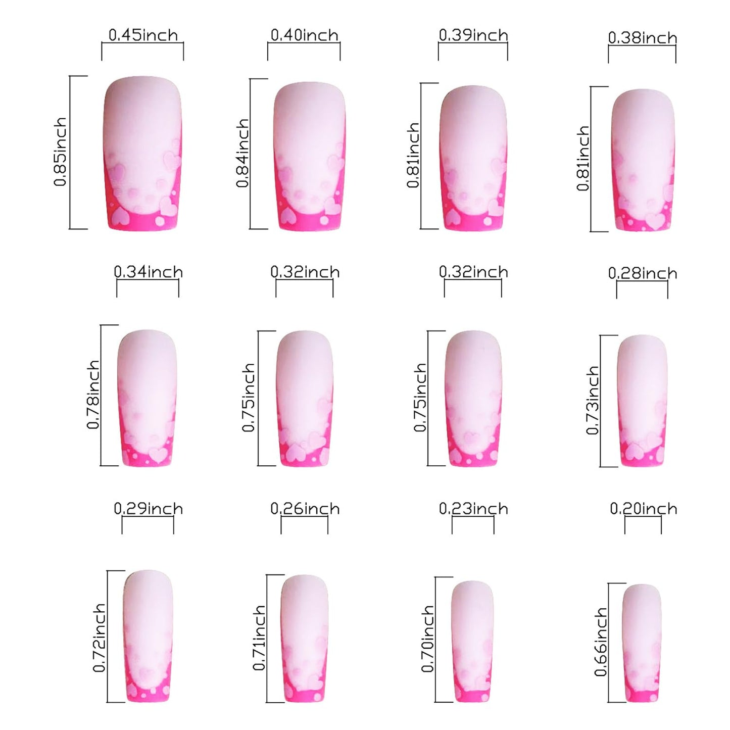 Press on Nails Long Length Pink Love Heart False Nails with Design Valentine's Day Pink French Heart Nails Artificial Acrylic Nails Full Cover Glossy Coffin Fake Nails Glue on Nails for Women 24Pcs