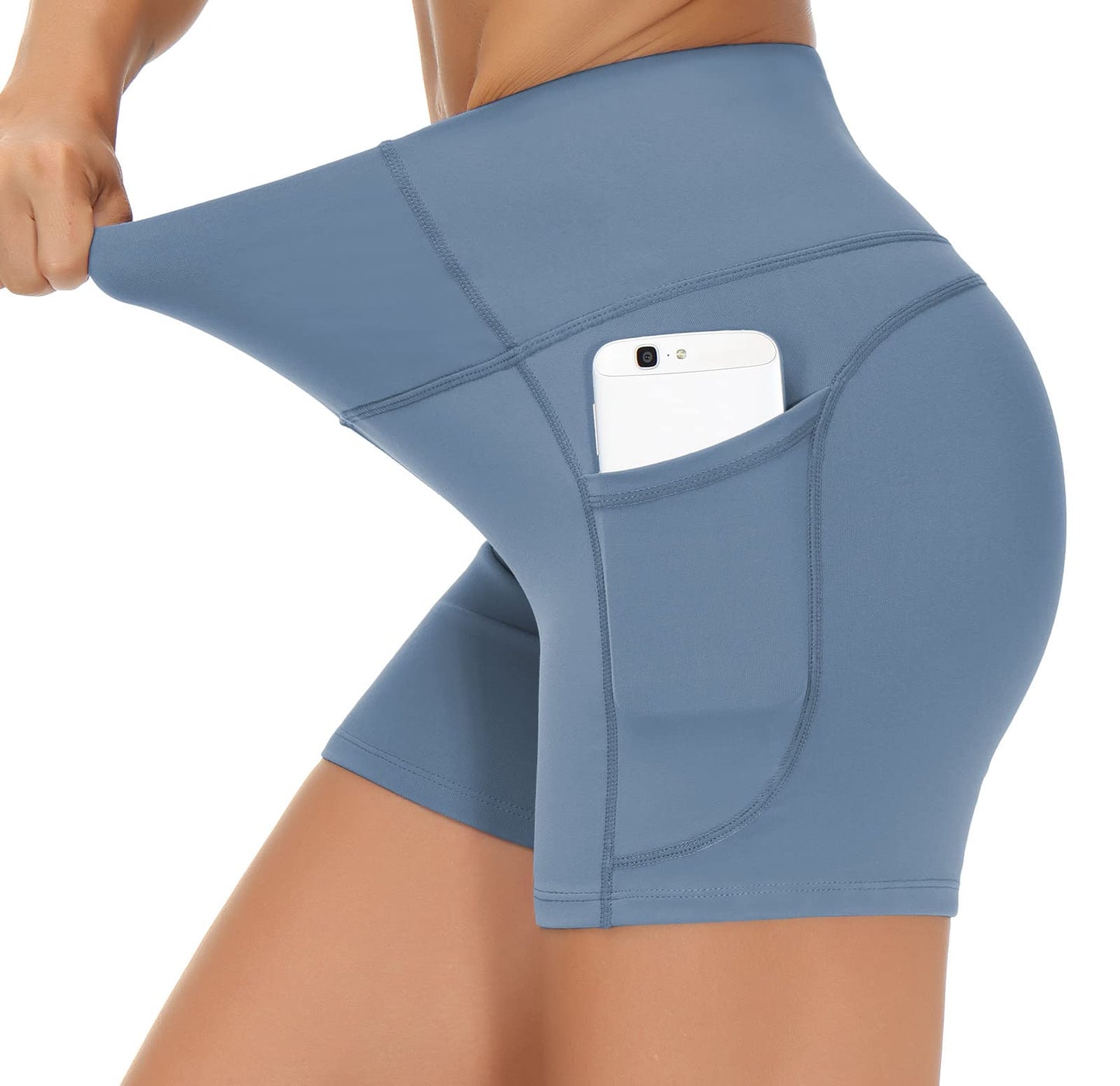 THE GYM PEOPLE High Waist Yoga Shorts for Women's Tummy Control Fitness Athletic Workout Running Shorts with Deep Pockets (Small, Grey Blue)