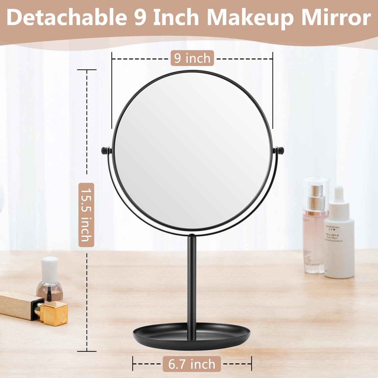 DECLUTTR 15X Magnifying Makeup Mirror, 9 Inch Tabletop Mirror on Stand, Large Double Sided Vanity Mirror for Desk, Black
