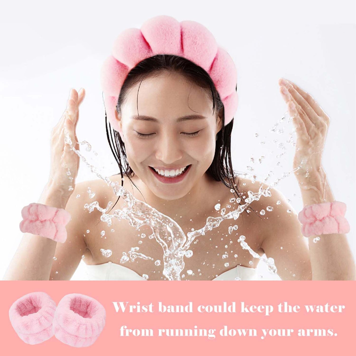 SuPoo Face Wash Headband and Wristband Set - Pink Terry Cloth Spa Hairband with Puffy Sponge, Makeup Headband, and Hair Band with Claw Clips