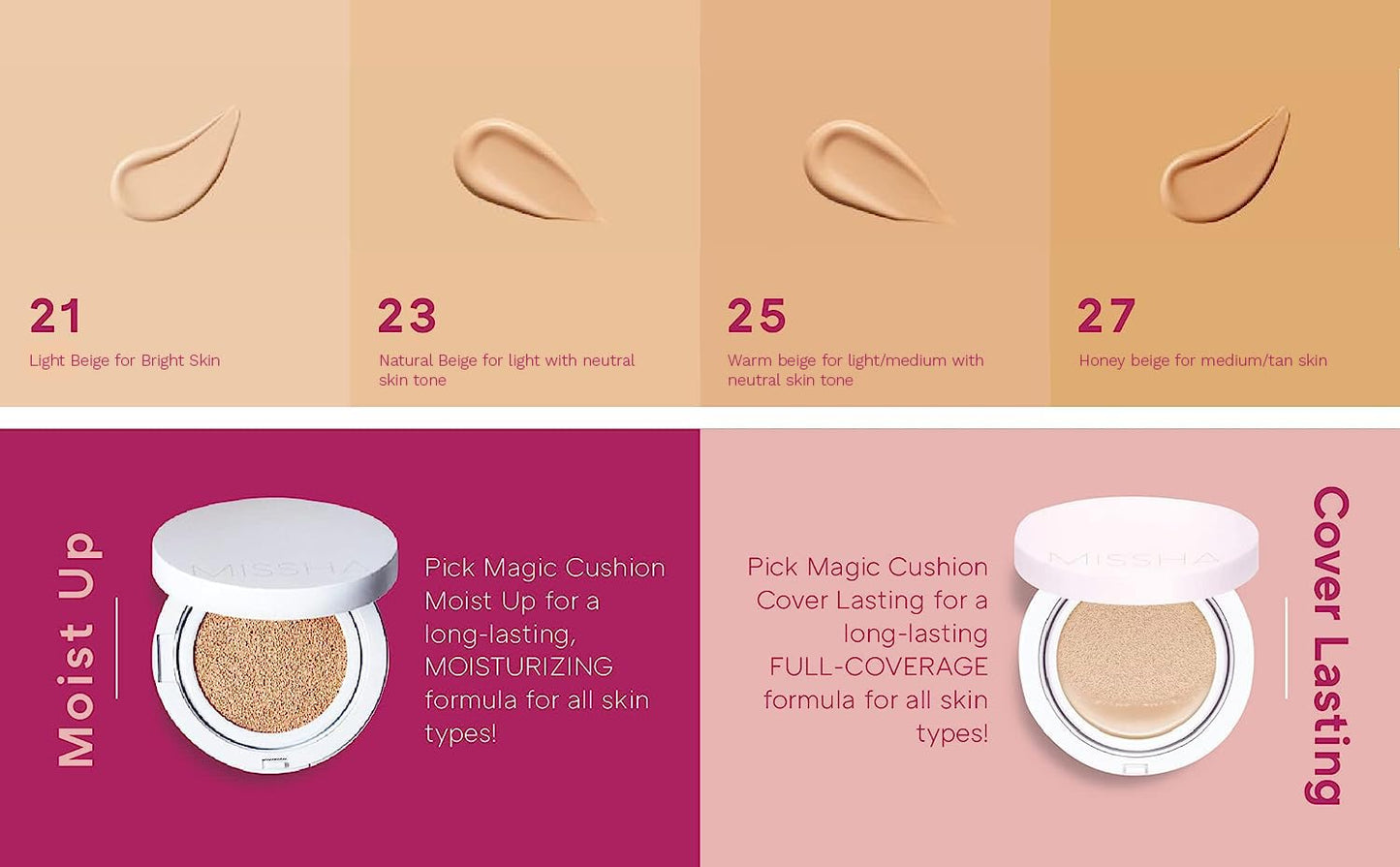 MISSHA Magic Cushion Foundation No.27 Honey beige for medium/tan skin - Flawless Coverage, Dewy Finish, Easy Application for All Skin Types