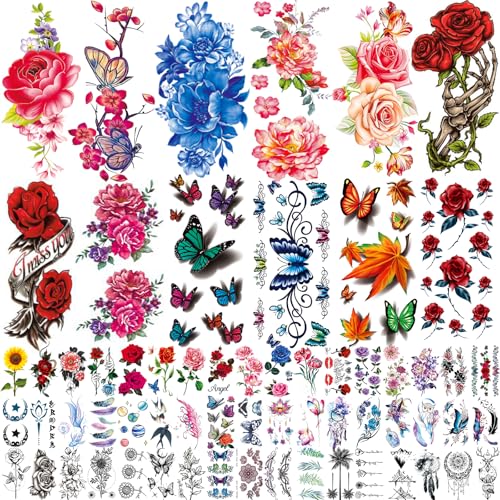 82 Sheets Temporary Tattoos - Flowers, Butterflies & Mixed Designs