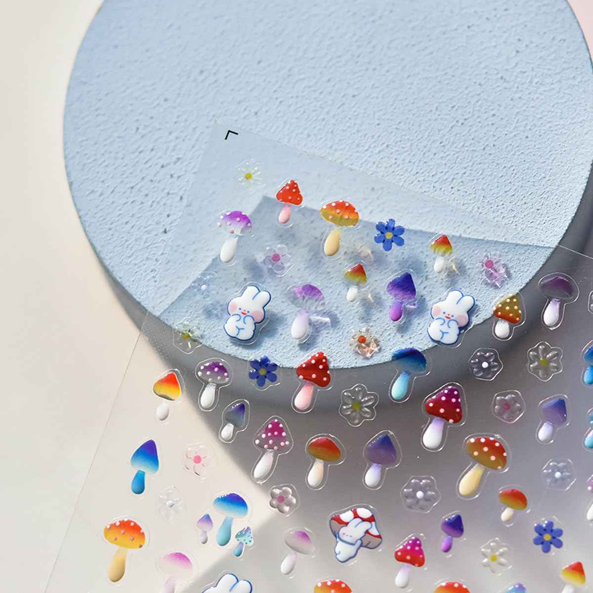 1 Sheet Cute Mushroom Nail Stickers Rabbit Flower Nail Art Decals 5D Jelly Sense Self-Adhesive Nail Design Stickers for Women DIY Spring Nail Art Supplies Acrylic Nails Accessories