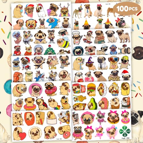 96PCS Pug Dog Temporary Tattoos Themed Pets Puppy Birthday Party Decorations Supplies Favors Decor Little Frech Bulldog Animal Tattoo Stickers Gifts For Kids Boys Girls Adults School Prizes Carnival