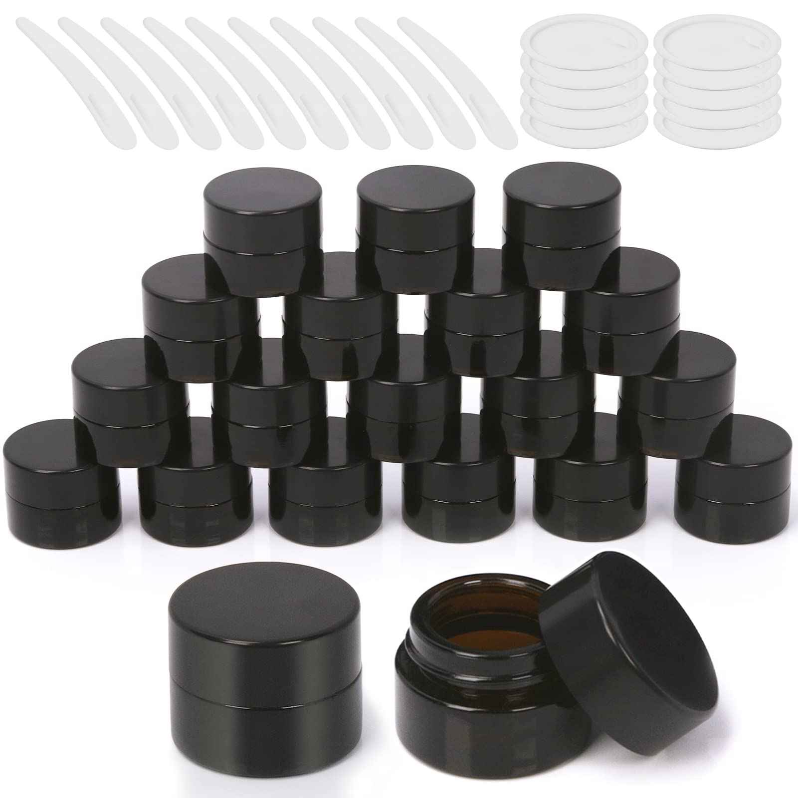 Wokape 20Pcs 5ml Round Glass Jars with Liner Lids Spoons, 0.17oz Amber Refillable Cosmetic Storage Jars for Cream Lotion Liquid Powder