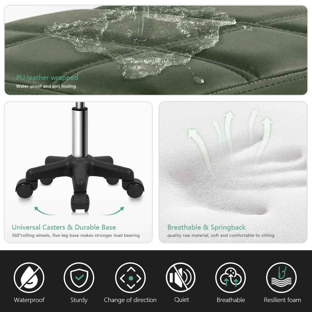 FURWOO Square Swivel Stool with Wheels PU Leather Rolling Stool Height Adjustable for Spa Salon Massage Green