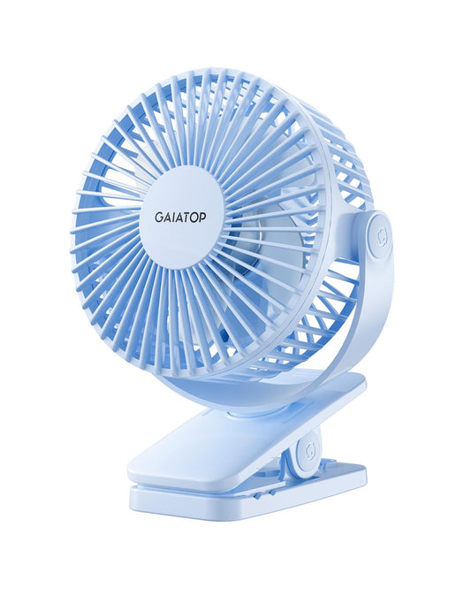 Gaiatop Portable Clip on Fan Battery Operated, Small Powerful USB Desk Fan, 3 Speed Quiet Rechargeable Mini Table Fan, 360° Rotate Personal Cooling Fan for Home Office Stroller Camping Light Blue