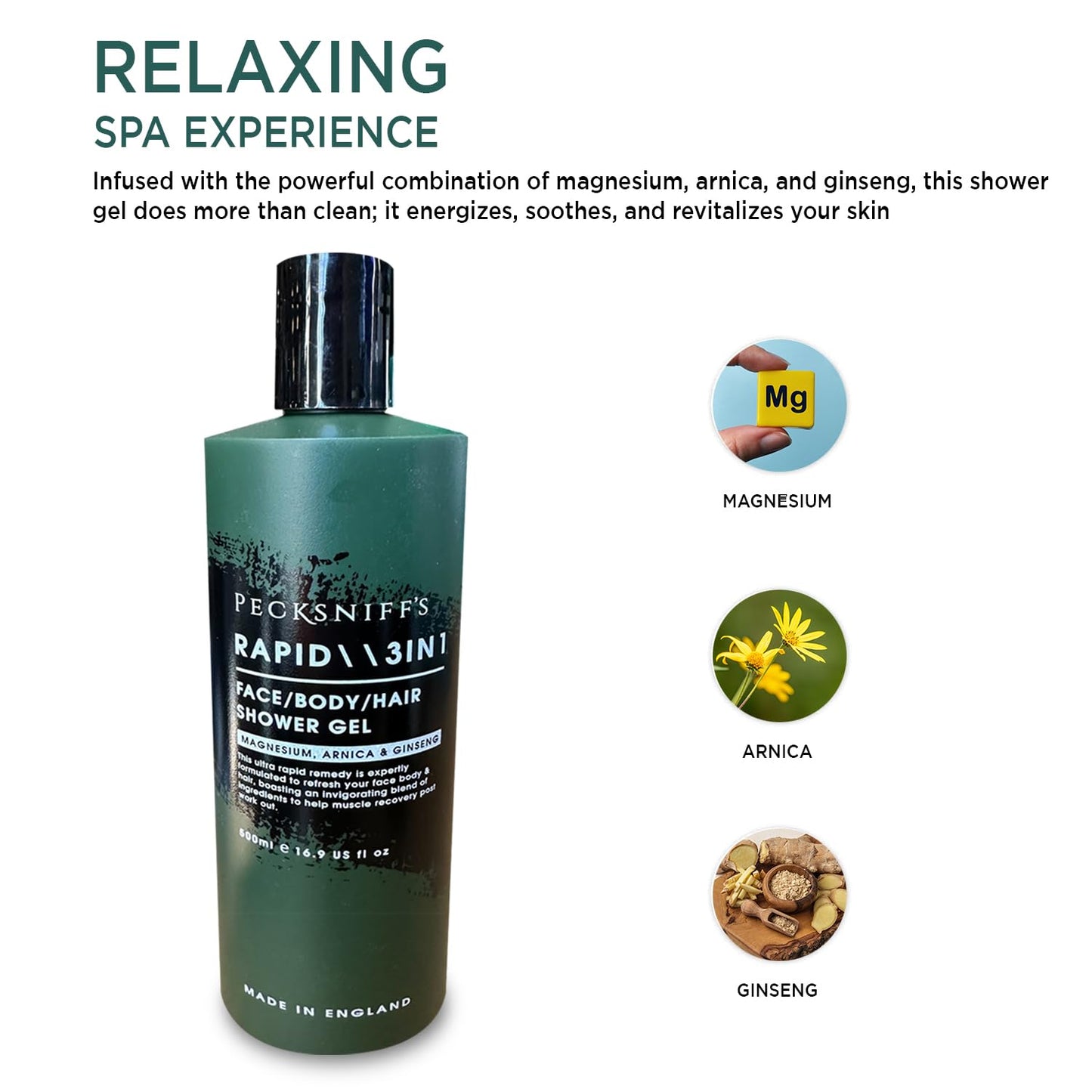 Pecksniff's Rapid Magnesium 3-in-1 Arnica & Ginseng Shower Gel | 500ml /16.9 Fl Oz