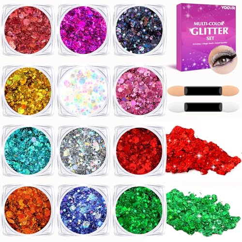 Body Hair Face Glitter for Women Teen Girls Kids, 12 Colors Face Painting Makeup Kit, Christmas Mardi Gras Valentines Accessories for Women, Party Favors, Rave Accessories, Festival Essentials