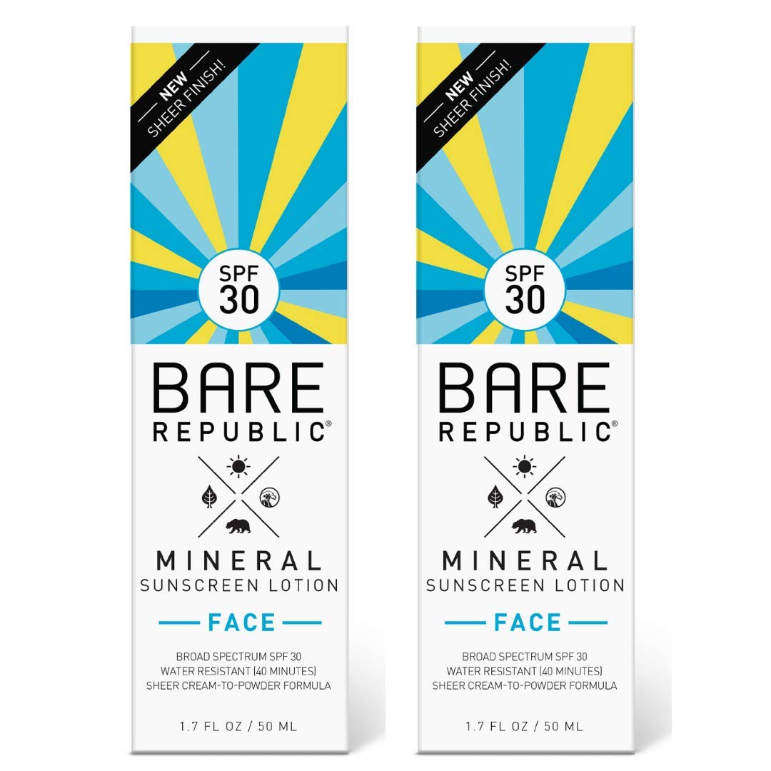 Bare Republic Mineral Face Sunscreen Lotion. Lightweight, Unscented and Water-Resistant Face Moisturizer, 1.7 Oz, 2 Pack, Packaging May Vary