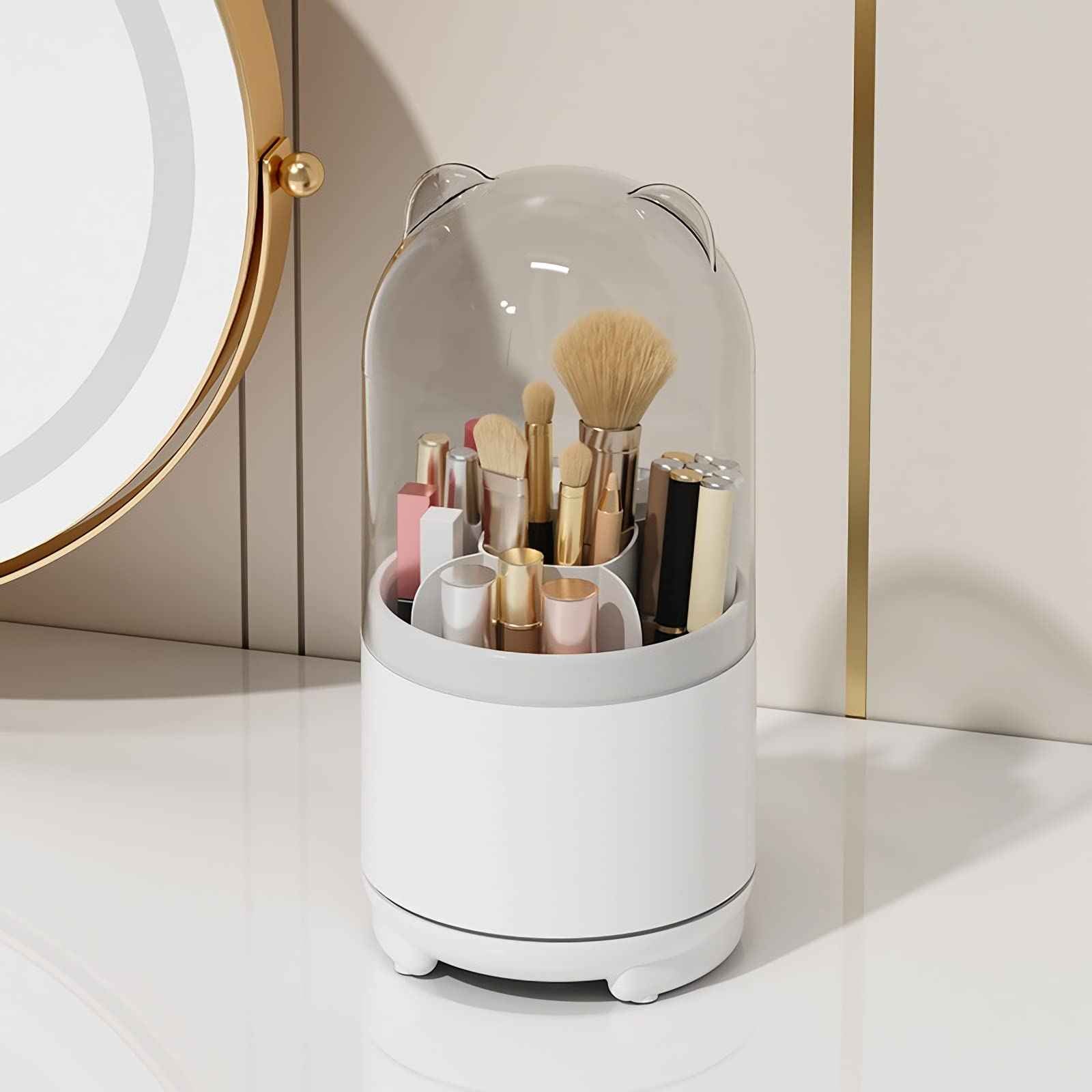 LtyTz Cute Makeup Brush Holder Organizer with Lid, Rotating Dustproof Make Up Brushes Container with Clear Acrylic Cover for Vanity Desktop Bathroom Countertop