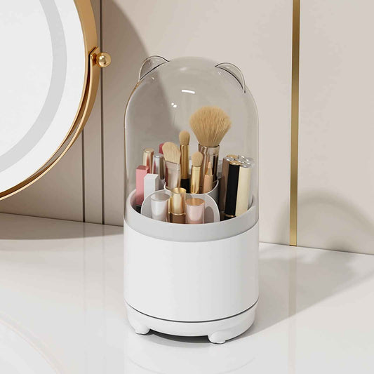 LtyTz Cute Makeup Brush Holder Organizer with Lid, Rotating Dustproof Make Up Brushes Container with Clear Acrylic Cover for Vanity Desktop Bathroom Countertop