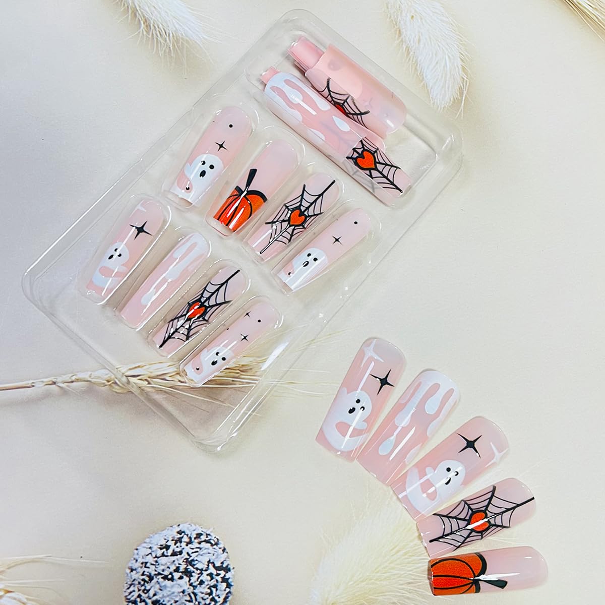 24Pcs Halloween Press on Nails Long Coffin Fake Nails Nude Pink Acrylic Nails Cute Ghost Pumpkin Spider Web Stick on Nails Supplies Full Cover Square False Nails for Women DIY Halloween Nail Decor