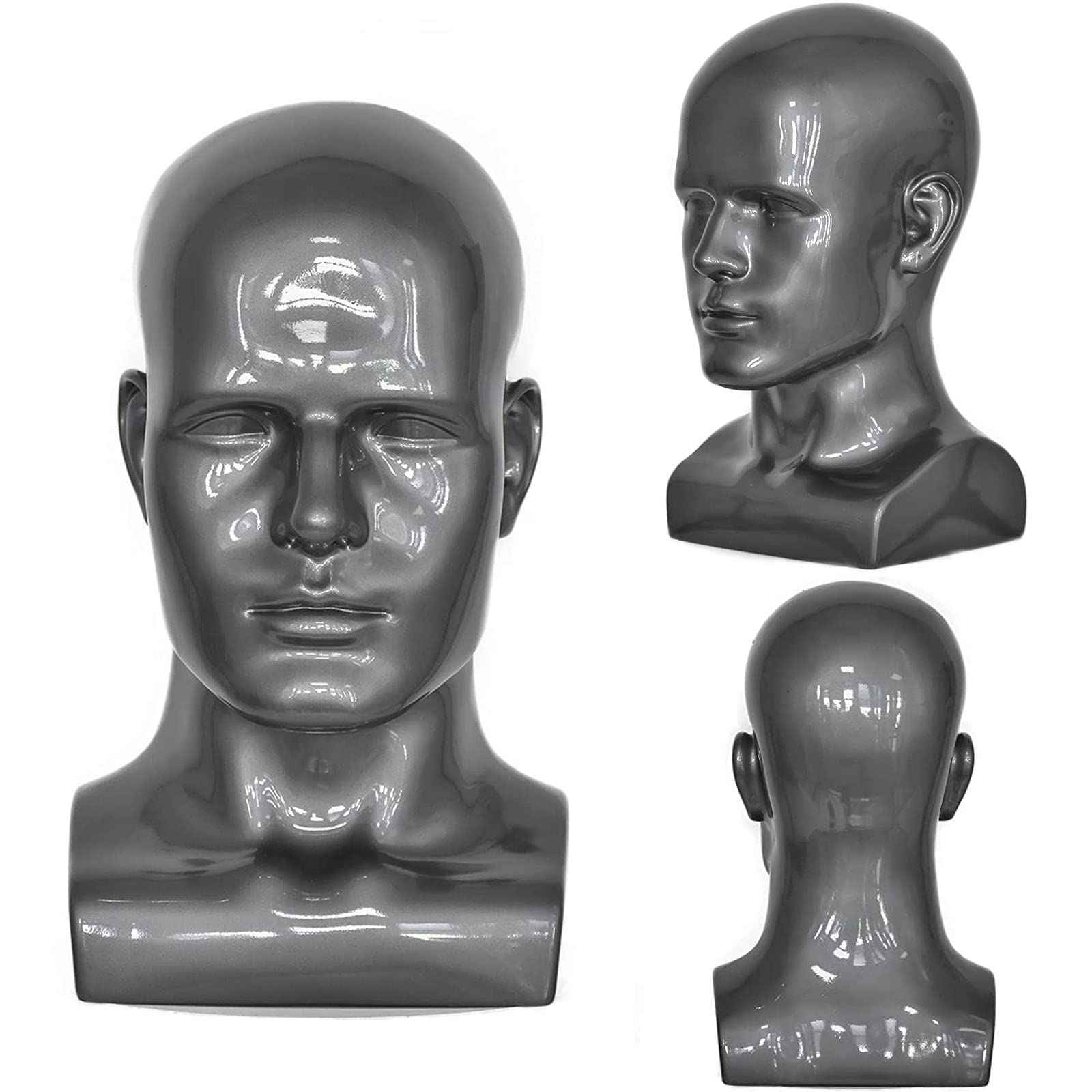 FLWAI PVC Silver Grey Male Mannequin Head Display Head Stand Wig Display Head Model Men Manikin Head Dolls for Display Headset, Headphone, Game Console, Hats, Wigs Jewellery (Silver Grey)