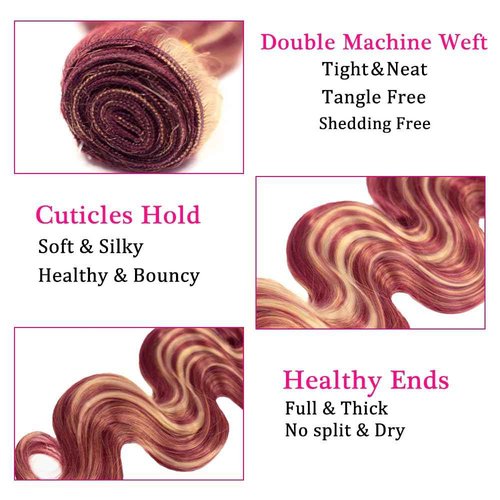 Blonde Bundles Human Hair Highlight Body Wave Bundle 18 20 22 Inch Same Length Peruvian Virgin 2 Tone 613 Mixed With 99J Bundles Red Hair Extensions