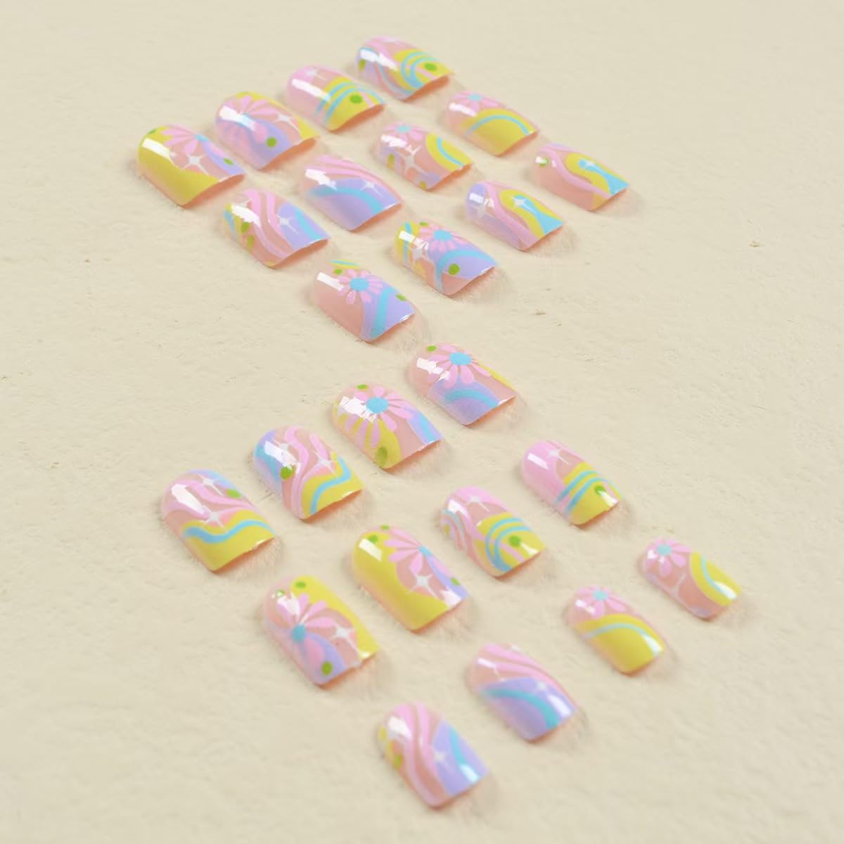 Colorful Stripe Press on Nails Short Square Fake Nails Glossy False Nails With Pink Flowers Designs Full Cover Nude Stick on Nails for Women Manicure 24 Pieces 24Pcs