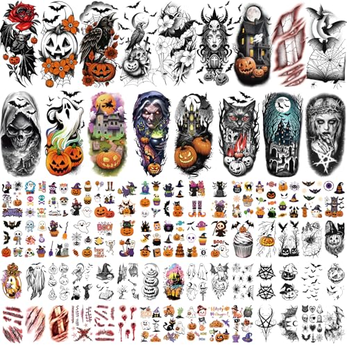77 Sheets Halloween Temporary Tattoos Women Men, 17 PCS Half Sleeve Pumpkin Bat Crow Witch Skull Fake Tattoos for Adult, 60 PCS Spider Cat Ghost Scar Tiny Realistic Face Body Tattoos Stickers