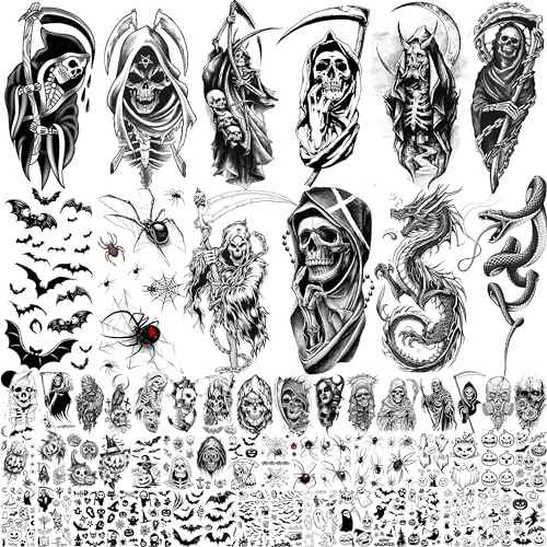 61 Sheets Halloween Temporary Tattoos for Men Women Adults, 12 Sheets Skeleton Death Skull Demon Devil Half Arm Sleeve Fake Tattoo Stickers, 49 Sheets Spider Web Bat Snake Vampire Scar Face Tattoos