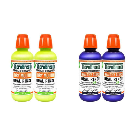 TheraBreath Dry Mouth Oral Rinse, 16 Ounce Bottle (Pack of 2) and 24 Hour Healthy Gums Periodontist Formulated Oral Rinse, 16 Ounce (Pack of 2)