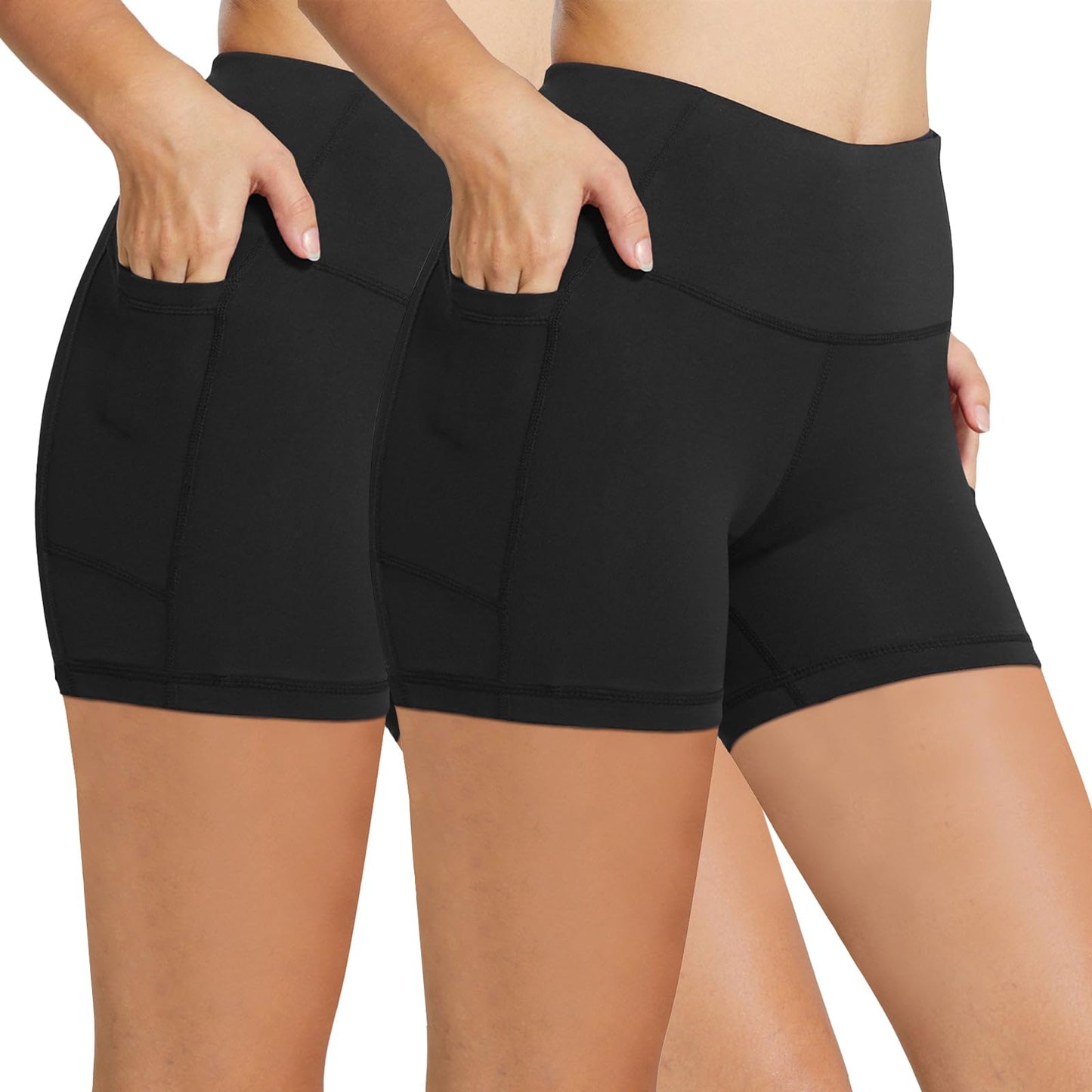 BALEAF Biker Shorts Women Yoga Gym Workout Spandex Running Volleyball Tummy Control Compression Shorts with Pockets 5" 2-Pack Black/Black XS