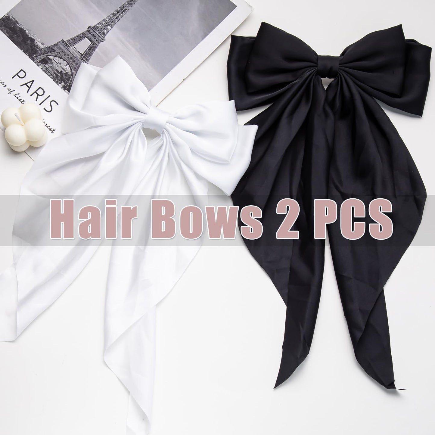 Oversized Long-tail Cute Aesthetic Hair Accessories: 2 PCS Ribbon Barrettes with Large Hair Bows for Women (Beige, Sky Blue)