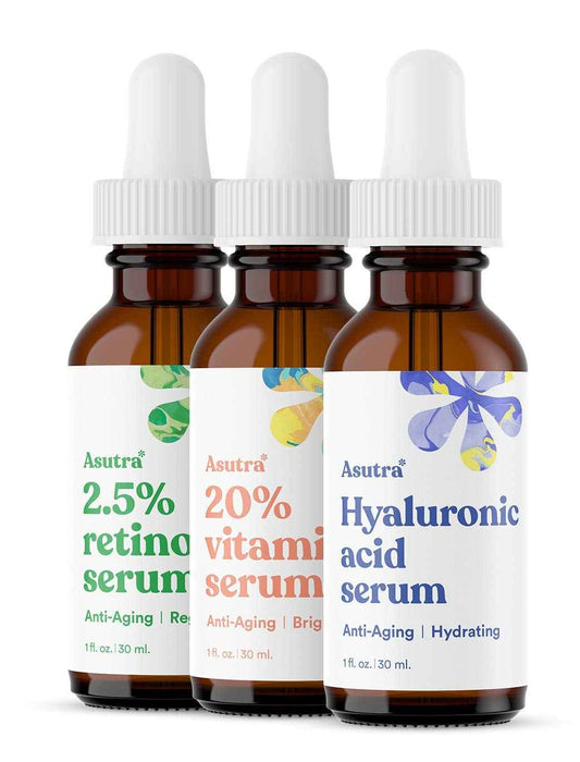ASUTRA Face Serum Variety Pack, 3 Products - 1 fl oz 2.5% Retinol, 1 lf oz 20% Vitamin C, 1 fl oz Hyaluronic Acid Face Serum