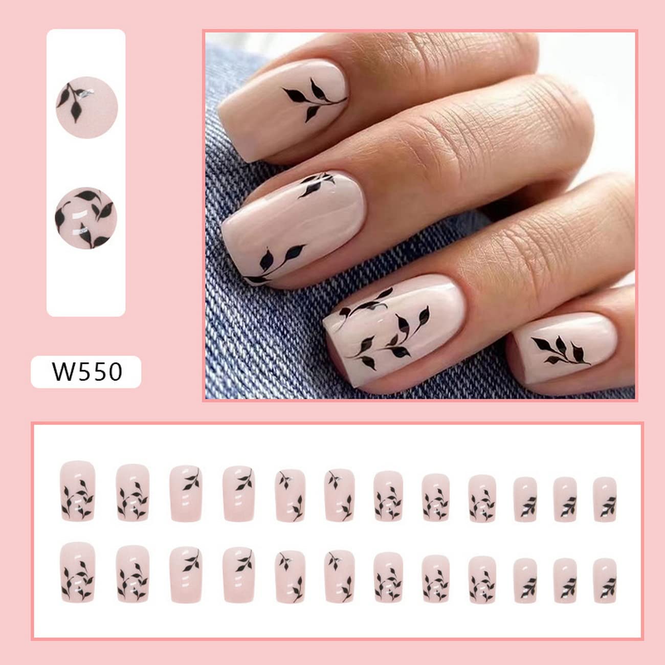 Fall Press on Nails Medium Square Black Fake Nails with Leaf Designs Acrylic Nails Pink Press on Nails for Women Spring Summer Glue on Nails 24 Pcs