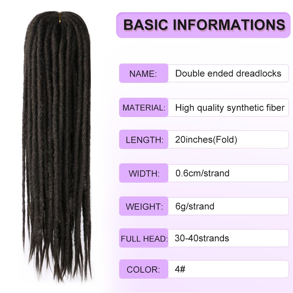 BUFENGSUN Synthetic Double Ended Dreadlock Extensions 20inches 10 Strands Thin Soft DE Dreadlocks Extensions for Women (10 Strands, #4)