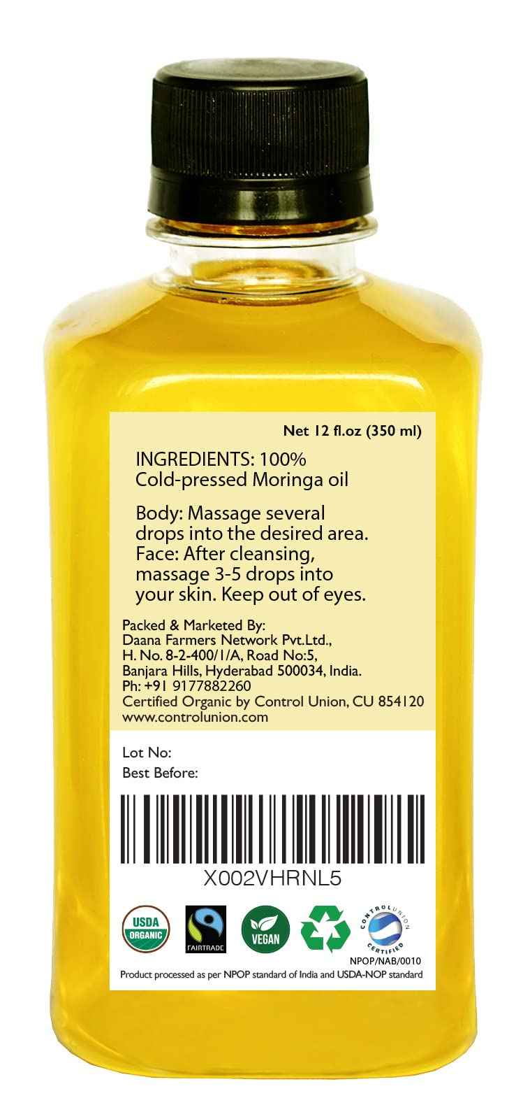 DAANA Organic Moringa Oil for Skin: Extra Virgin, Cold Pressed (12 Fl Oz)