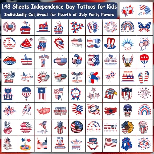 4th of July Temporary Tattoos - 148 Individually Sheets American Flag Tattoos for Kids Women Men Independence Day Party Decorations and USA Party Favors