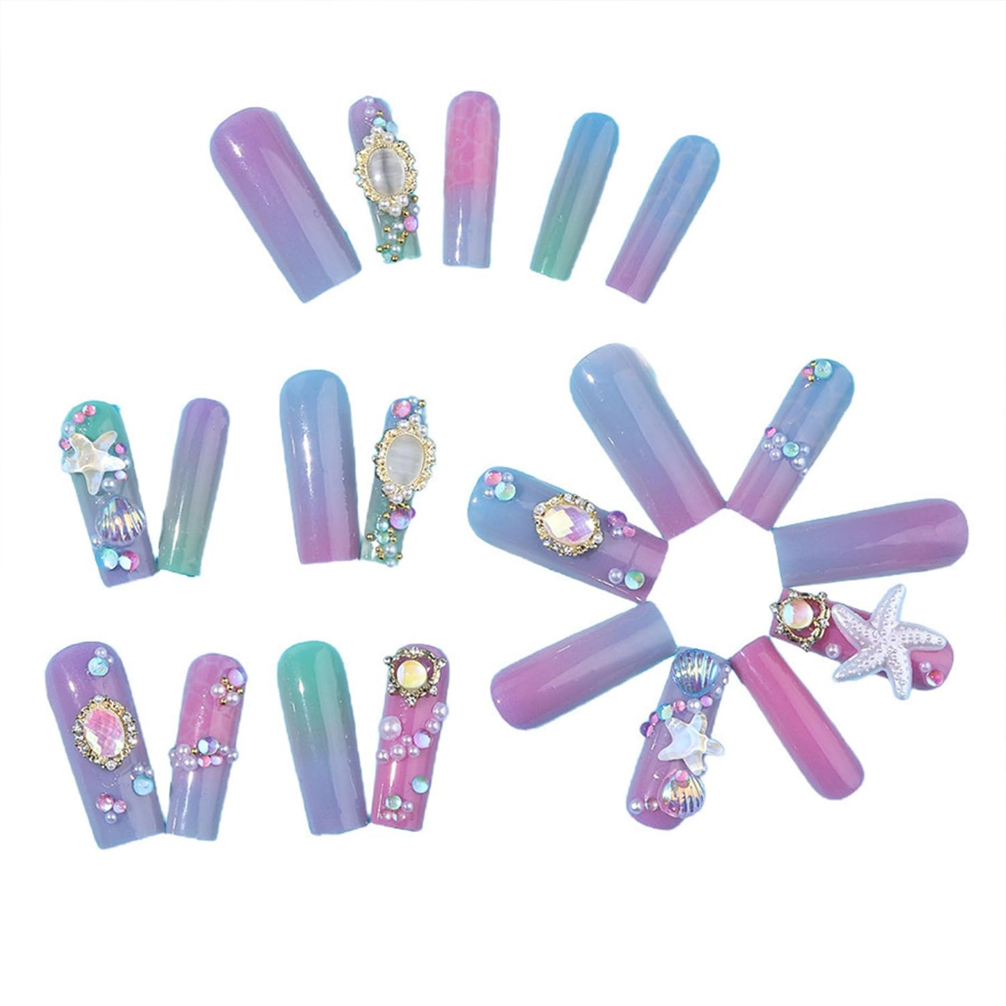 Tyuimhx Ocean Theme Press on Nails Square Long Fake Nails Summer Luxurious False Nails With 3D Starfish Seashells Rhinestones Pearls Designs Full Cover Stick on Nails Acrylic Artificial Nails 24Pcs