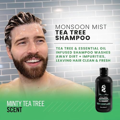 Billy Jealousy Monsoon Mist Tea Tree Energizing Men's Shampoo with Peppermint & Rosemary, Removes Oil Build-up and Soothes Scalp Itch & Irritation, 8 Oz.