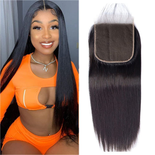 Isufer Straight Closure 4X4 Lace Closure Human Hair Pre Plucked 16 Inch With Baby Hair Bleached Knots Grade 9A Real Human Hair Malaysian Virgin Hair Grade 9A High Density Natural Color