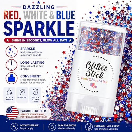 Red White Blue Glitter Stick - Waterproof 4th of July Face Makeup