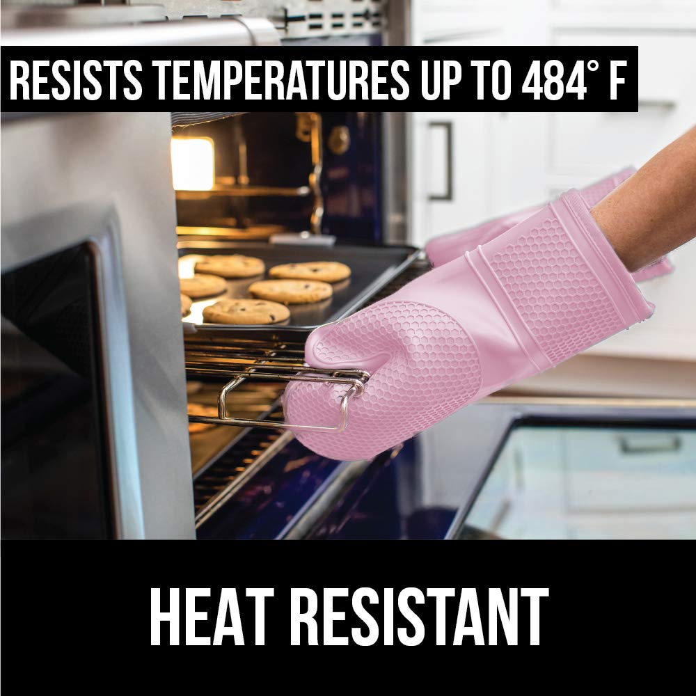 Gorilla Grip Heat and Slip Resistant Silicone Oven Mitts Set, Soft Cotton Lining, Waterproof, BPA-Free, Long Flexible Thick Gloves for Cooking, BBQ, Kitchen Mitt Potholders, 12.5 in, Pink