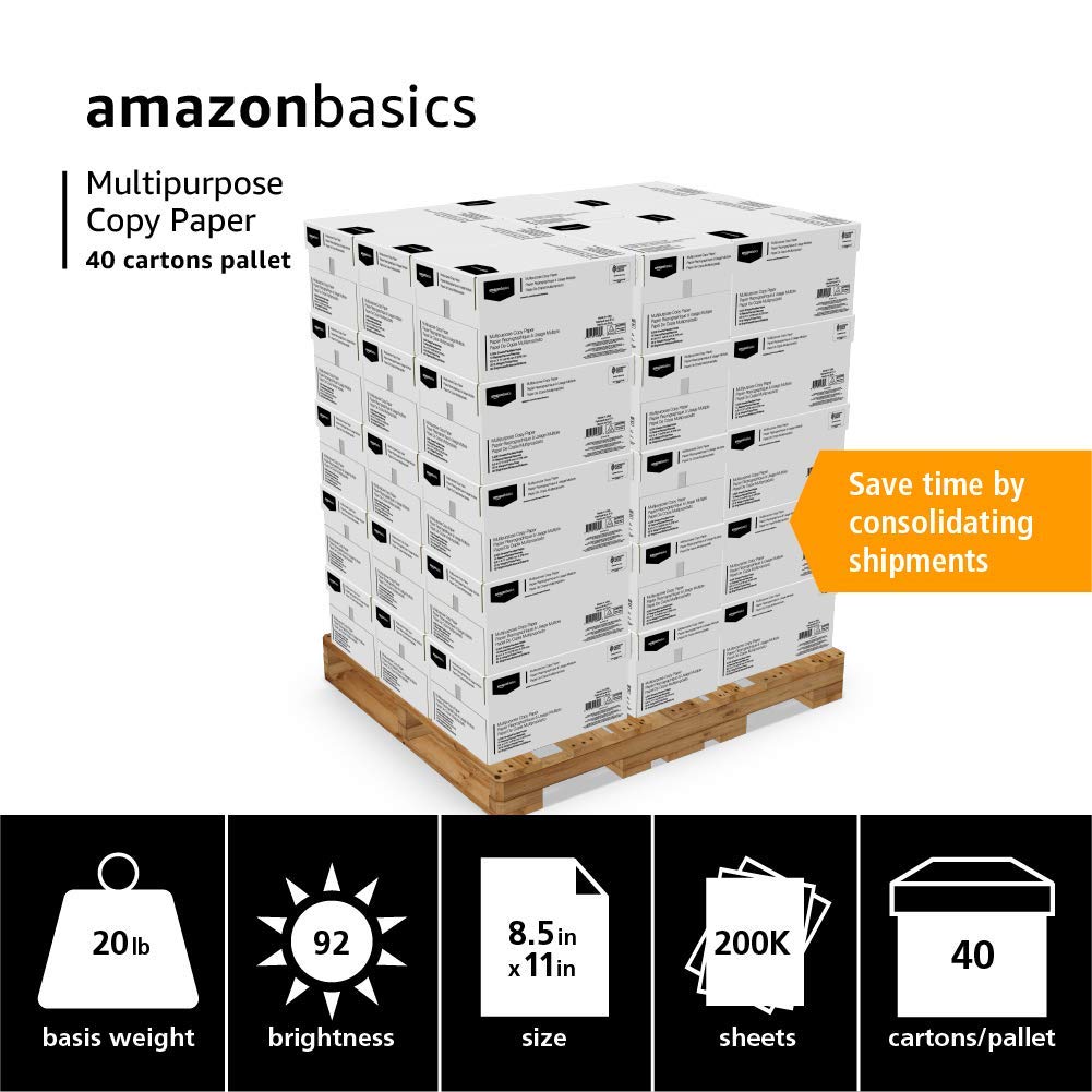 Amazon Basics Multipurpose Copy Printer Paper, 8.5" x 11", 20 lb, Pallet, 400 Reams, 200000 Sheets, 92 Bright, White