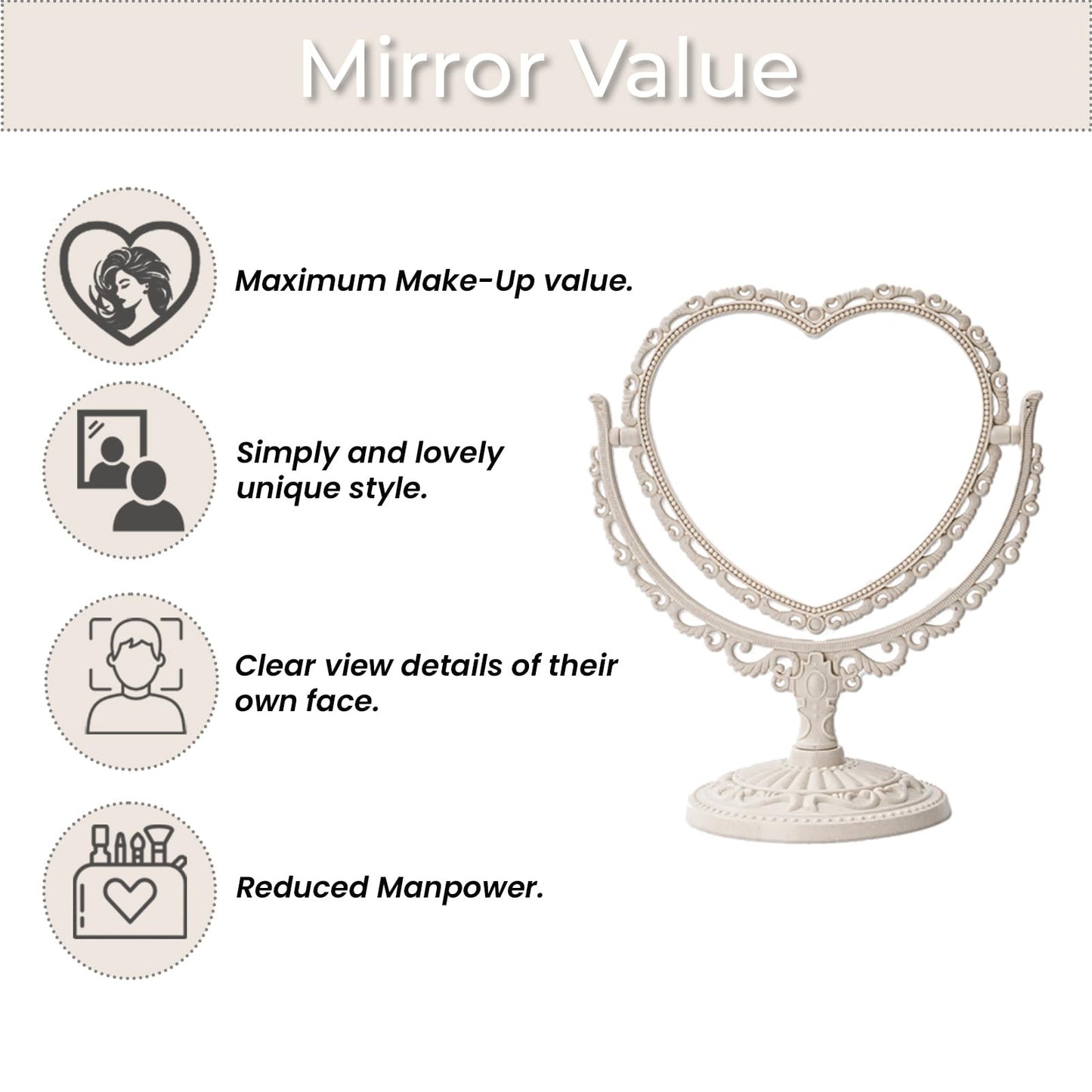 XPXKJ 7 Inch Vintage Heart Mirror - Elegant Desk Makeup Mirror with Double Sided 360 Degree Rotation Vanity Mirror for Coquette Room Decor (Beige 1pcs)