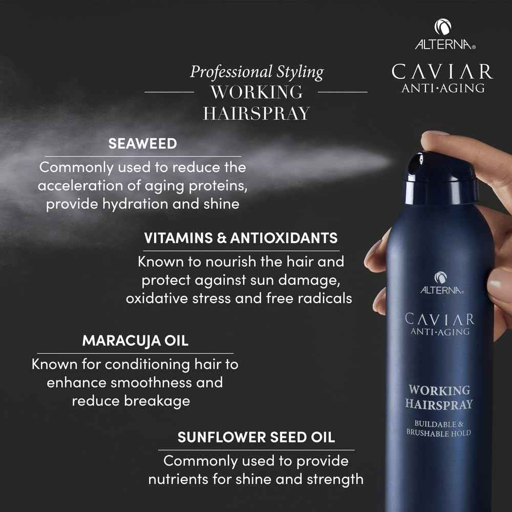 Alterna Caviar Anti-Aging Professional Styling Working Hair Spray | Ultra-dry, Brushable | Helps Control Frizz & Adds Shine | Sulfate Free | Nutmeg