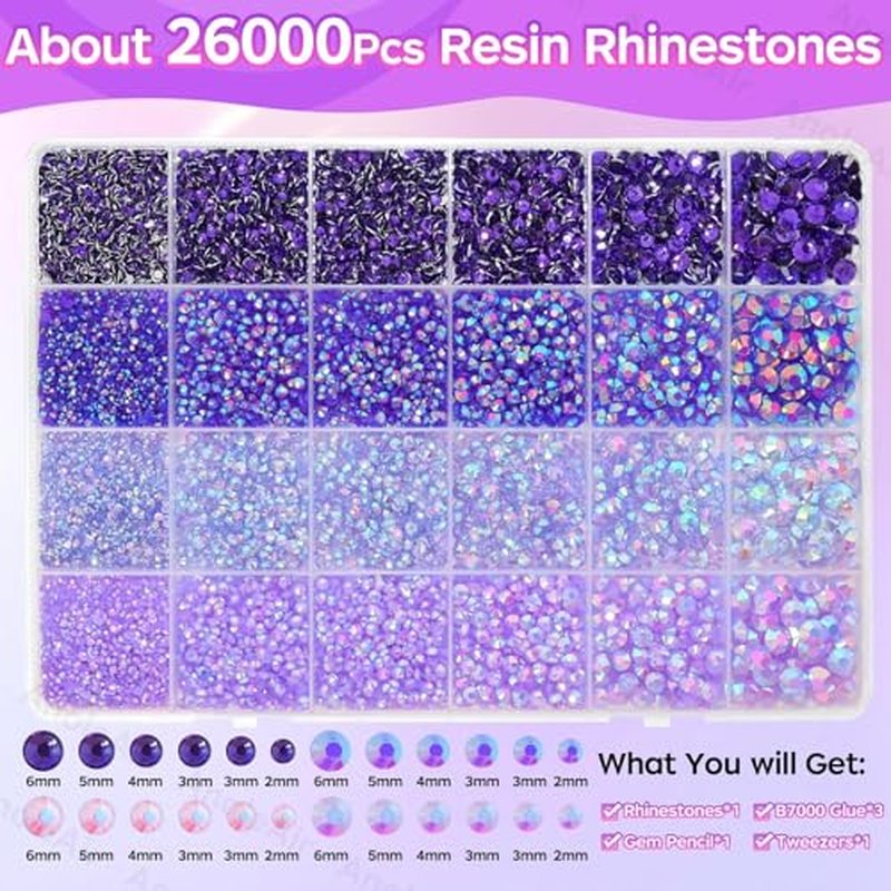 26000PCS Purple Flatback Rhinestones Kit – 2-6mm Mixed Sizes
