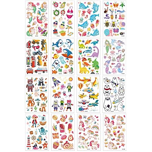 120Pcs Temporary Tattoos, Mixed Styles Cute Cartoon Waterproof Body Art Fake Tattoo Stickers Decorations, Butterfly Dinosaur Pirate Mermaid Birthday Party Favor Supplies
