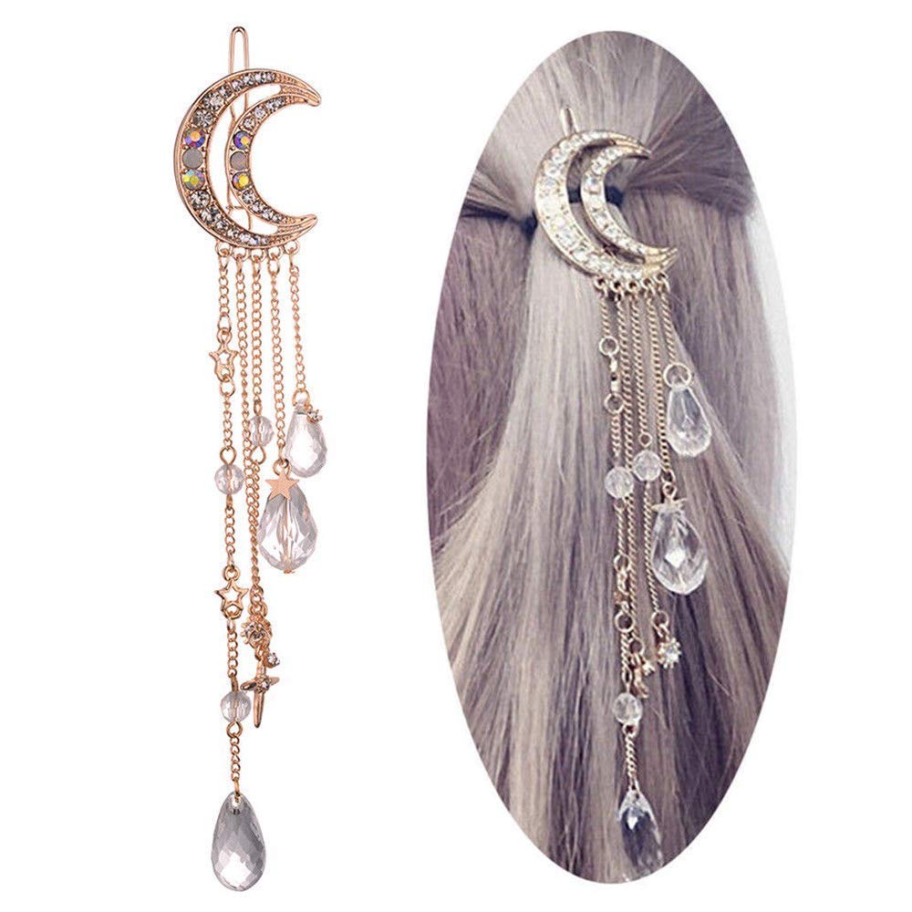 Romantic Crescent Moon Star Crystal Dangle Hairpin Rhinestone Beads Hair Clips Bridal Jewelry Tassel Drop Hair Pins Bobby Pins For Women Girls Hair Accessories (Rose Gold)