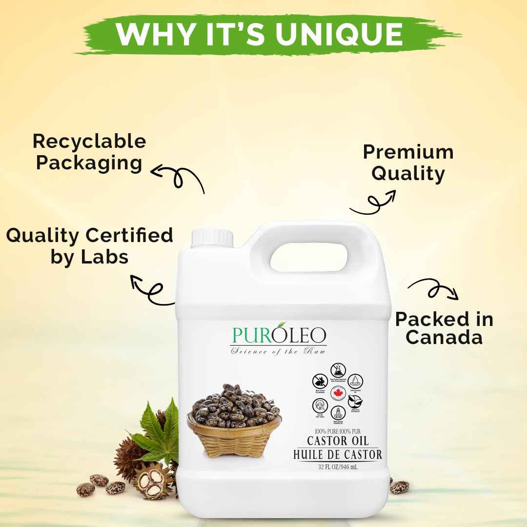 PUROLEO Castor Oil 32 Fl Oz/946 ML (Packed In Canada) 100% Pure and Natural Hair, Lash, Beard, Eyelashes & Eyebrow Oil Black castor oil for brow lashes, Make eyelash serum, hair serum for dry hair