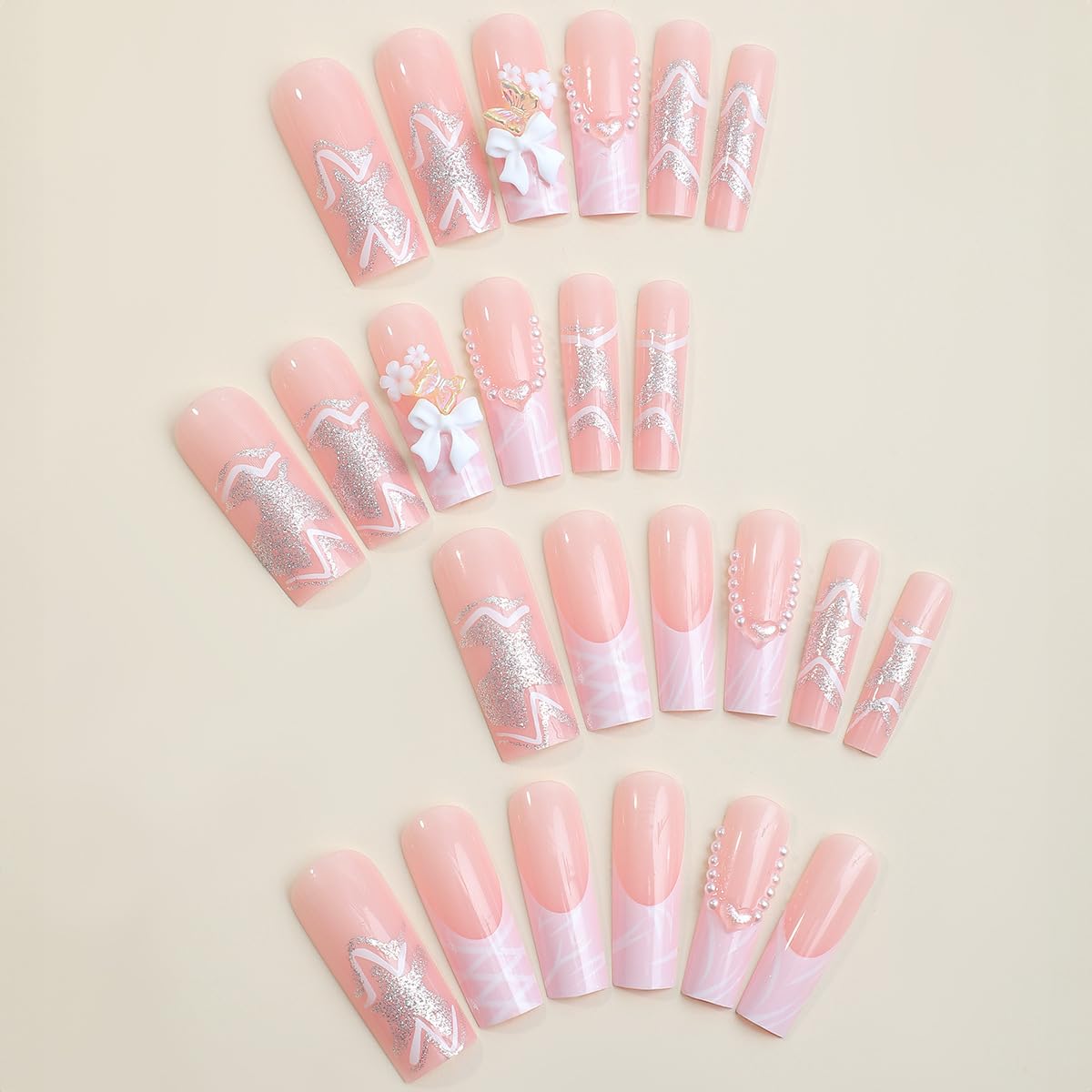 24 Pcs Pink Press on Nails Long Coffin Square - SHANRUN Cute Fake Nails Press ons French Nail Art Tip Glue on Nails Full Cover False Nails with 5D Bow Heart Charms Design Pearl on Nails Acrylic Kit