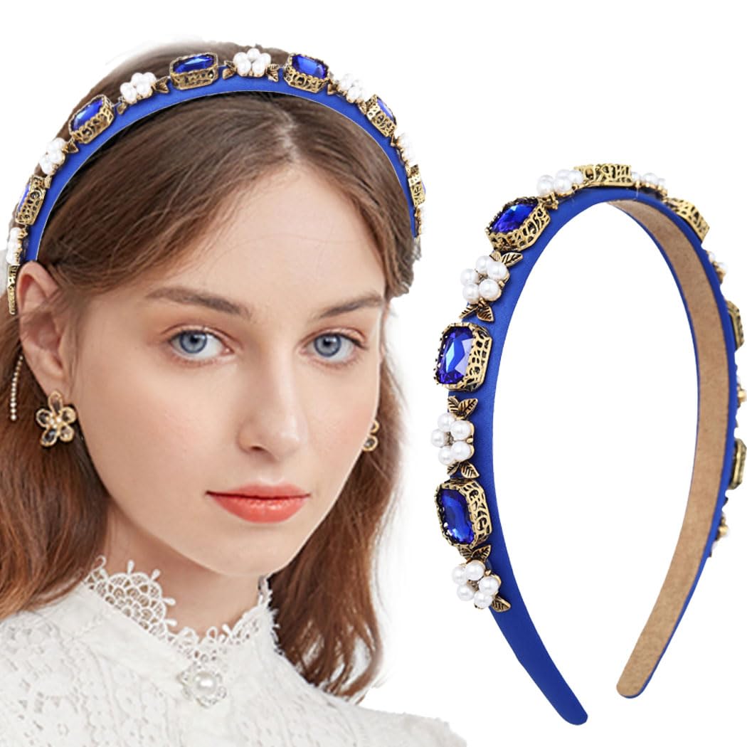 Coridy Thin Blue Headbands for Women Pearl Rhinestone Hairbands with Gold Leaf Emeralds Head Band Bejeweled Headbands (STYLISH)