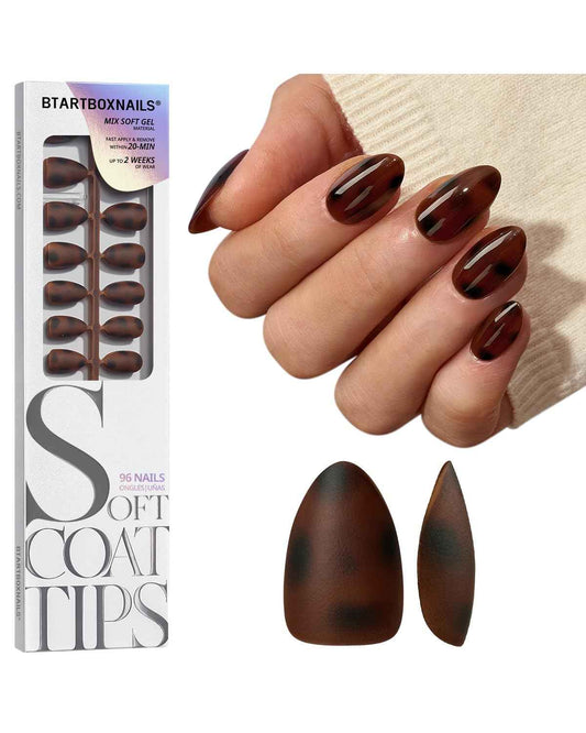 BTArtboxnails SOFTCOATTIPS Press On Nails - Tortoiseshell Almond Press On Nails Short, 96Pcs Salon Quality Soak Off Soft Gel Nail Tips in 16 Sizes