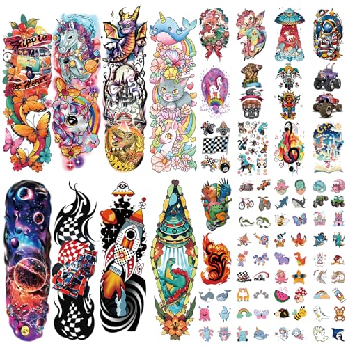 55 Sheets Temporary Tattoo for Men and Women, 8 Full Arm Fake Tattoos, 17 Half Arm Fake Skull Flower Tattoos, 30 Tiny for Adults Kids Body Shoulder Tattoos Stickers Waterproof Realistic Long-Lasting