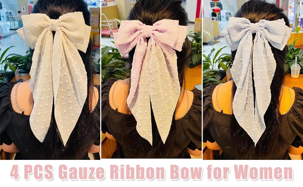 Seneeel Large Hair Bows 4 PCS - Cute Oversized Ribbon Bows for Women in Beige, Light Pink, White, Black - Hair Barrettes for Different Occasions