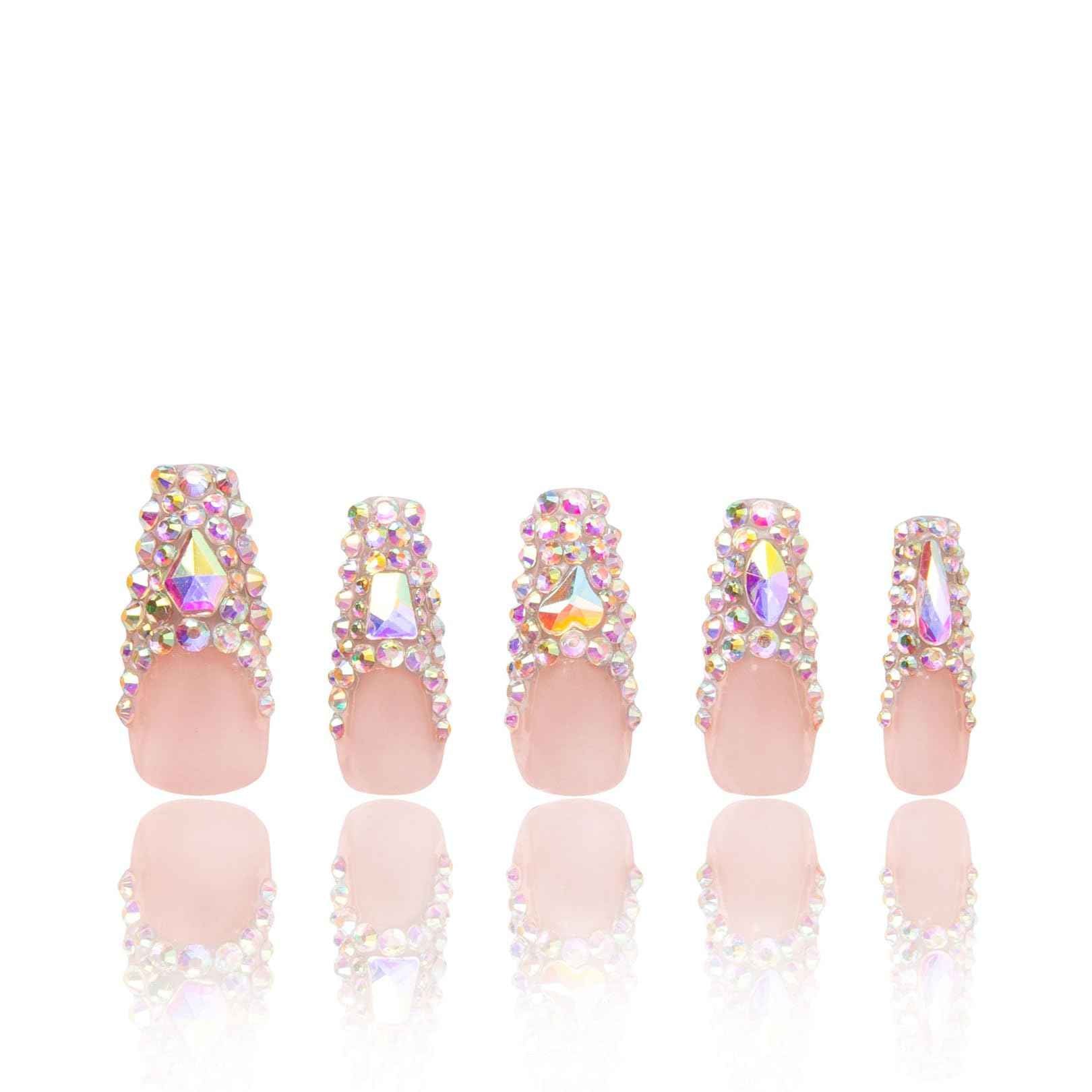 LOVFUL Press on Nails Angel's Tear Rhinestone | Handmade with Full Covered Crystals | Reusable Full Cover Nails | Coffin Classic Regular 1.3 in | H48-M