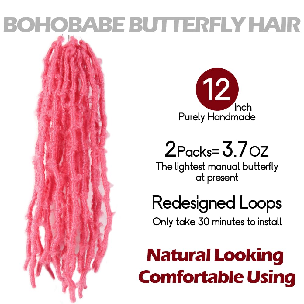 BOHOBABE 2 Packs Pink Butterfly Locs Crochet Hair 12 Inch Butterfly Faux Locs Crochet Hair Short Distressed Locs (2 Packs, Pink)