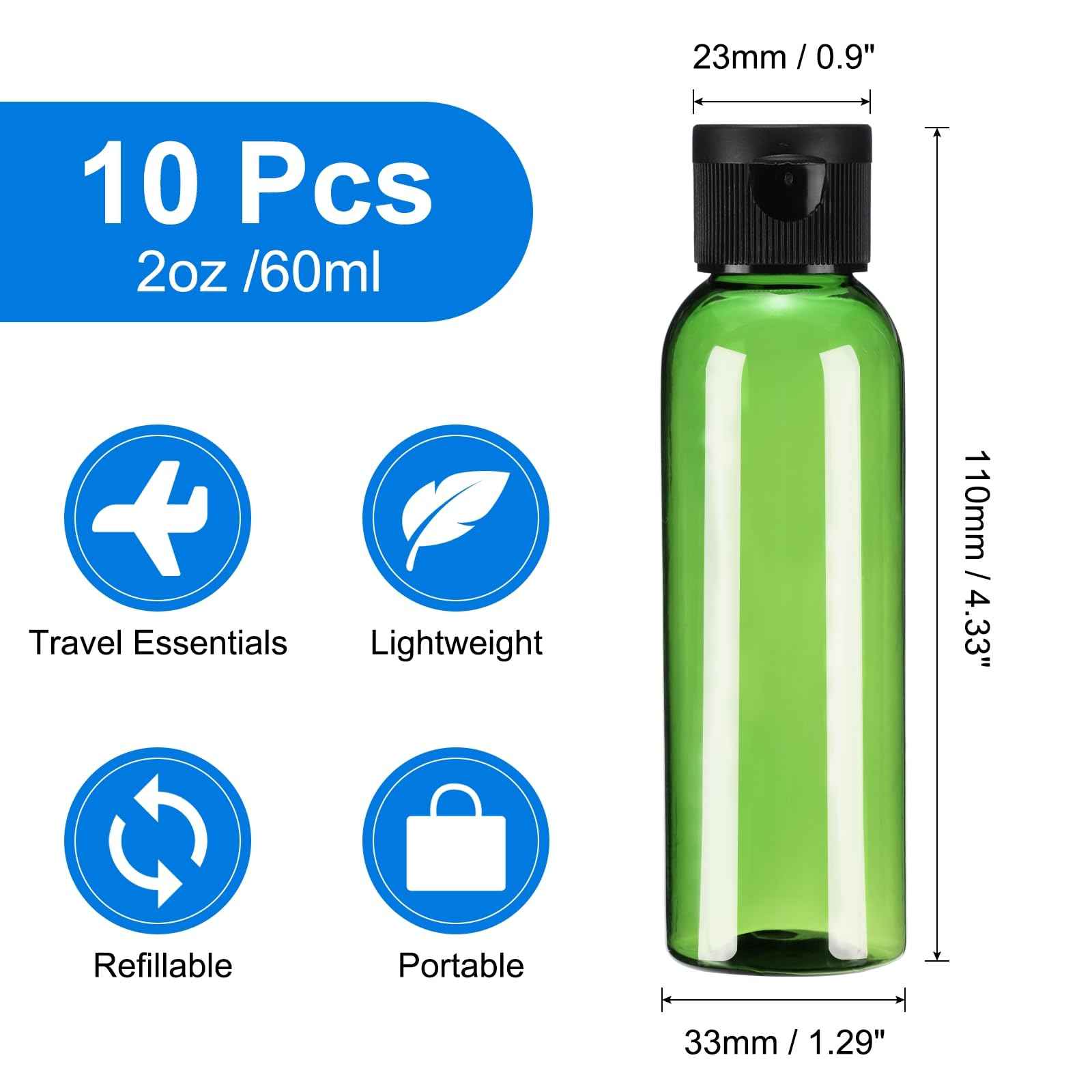uxcell 2 Oz Plastic Bottles with Flip Caps, 10 Pcs Reusable Travel Size Containers with Lids Plastic Squeeze Refillable Dispensing Bottles for Shampoo, Body Soap, Toner(Green Black)